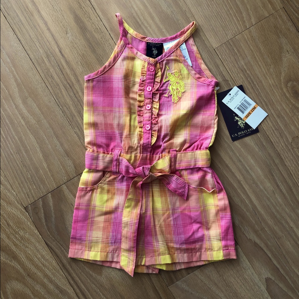 U.S. Polo Assn. Plaid Ruffle Baby Romper - Pink & Yellow